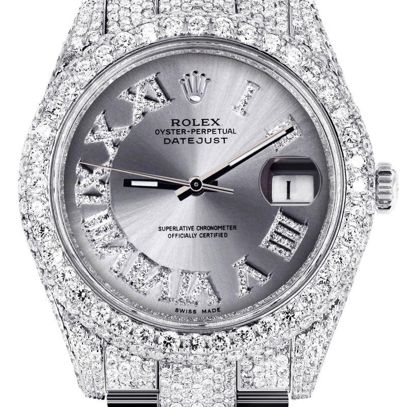 Womens Diamond Iced Out Rolex Datejust 41 | 25 Carats Of Diamonds | Custom Silver Roman Numeral Diamond Dial | Two Row | Oyster Band