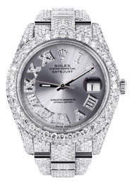 Womens Diamond Iced Out Rolex Datejust 41 | 25 Carats Of Diamonds | Custom Silver Roman Numeral Diamond Dial | Two Row | Oyster Band
