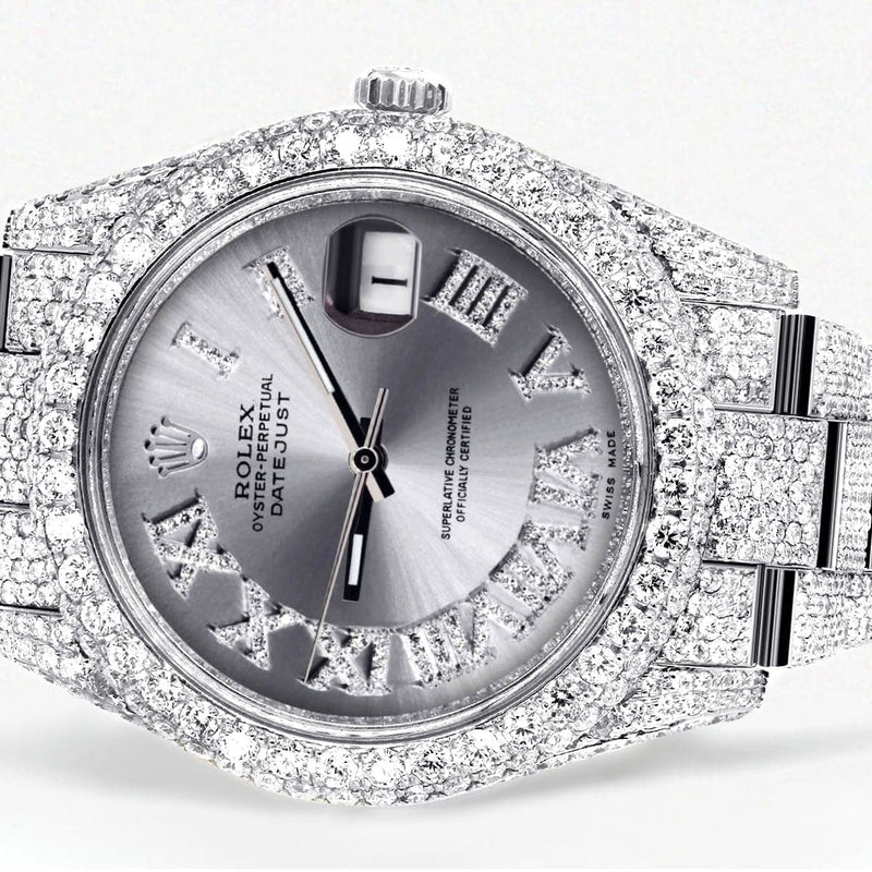 Diamond Iced Out Rolex Datejust 41 | 25 Carats Of Diamonds | Custom Silver Roman Numeral Diamond Dial | Two Row | Oyster Band