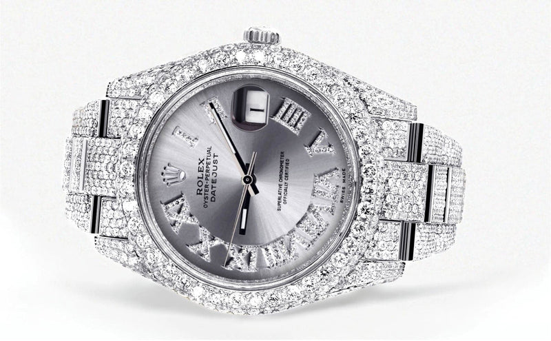 Diamond Iced Out Rolex Datejust 41 | 25 Carats Of Diamonds | Custom Silver Roman Numeral Diamond Dial | Two Row | Oyster Band