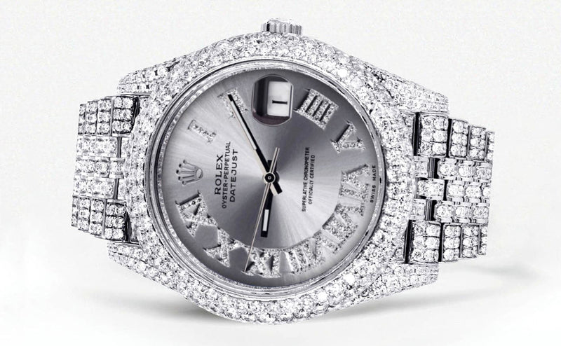 Diamond Iced Out Rolex Datejust 41 | 25 Carats Of Diamonds | Custom Silver Roman Numeral Diamond Dial | Two Row | Jubilee Band