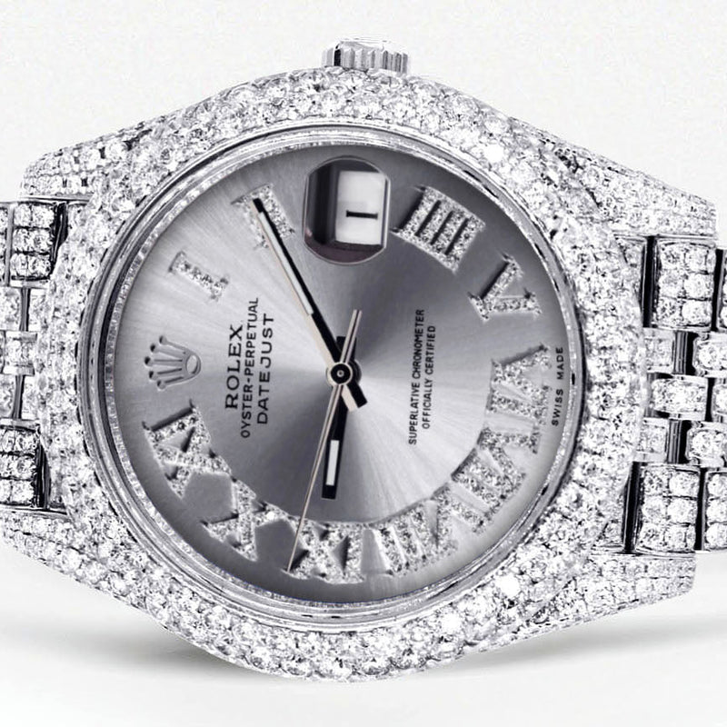 Womens Diamond Iced Out Rolex Datejust 41 | 25 Carats Of Diamonds | Custom Silver Roman Numeral Diamond Dial | Two Row | Jubilee Band