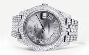 Womens Diamond Iced Out Rolex Datejust 41 | 25 Carats Of Diamonds | Custom Silver Roman Numeral Diamond Dial | Two Row | Jubilee Band