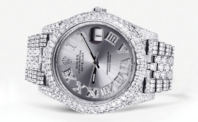 Womens Diamond Iced Out Rolex Datejust 41 | 25 Carats Of Diamonds | Custom Silver Roman Numeral Diamond Dial | Two Row | Jubilee Band