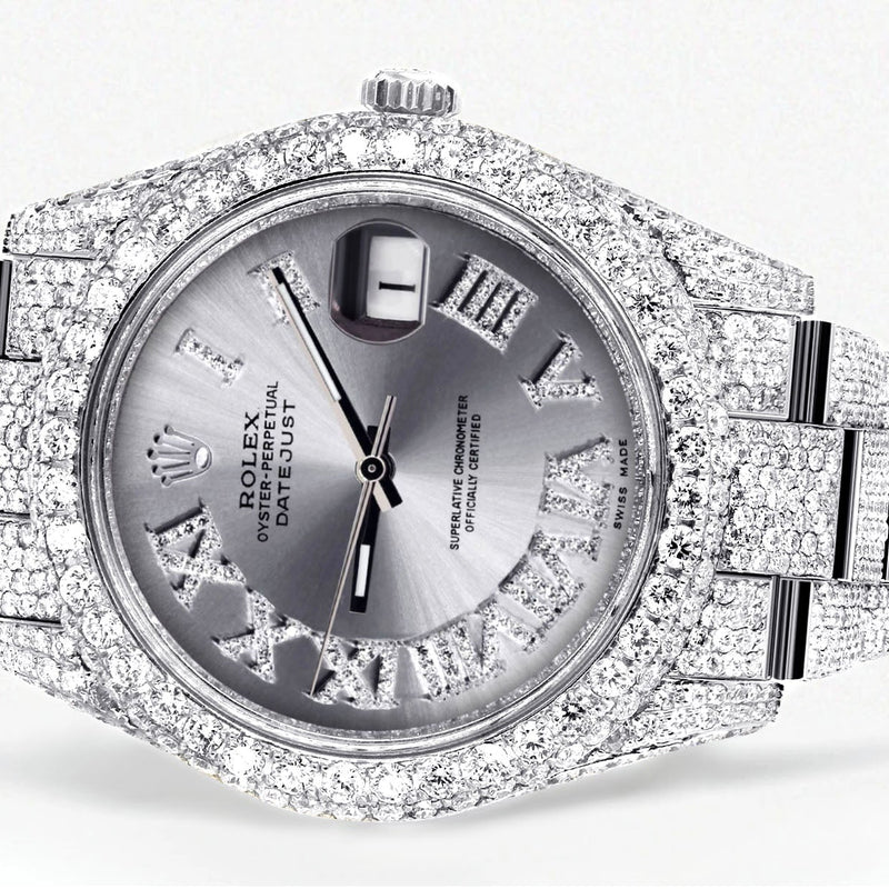 Womens Diamond Iced Out Rolex Datejust 41 | 25 Carats Of Diamonds | Custom Silver Roman Numeral Diamond Dial | Two Row | Oyster Band