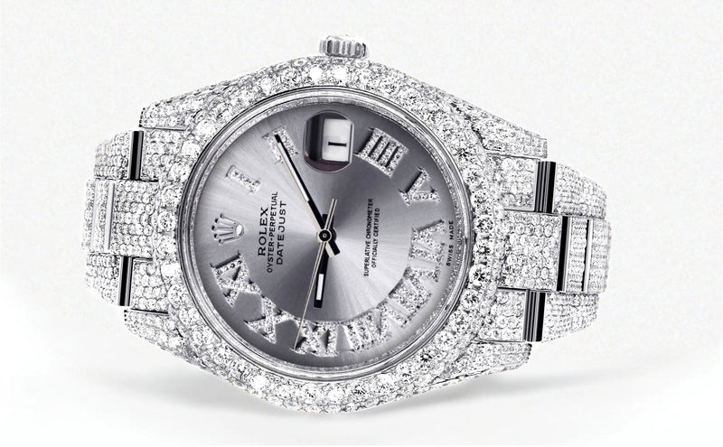 Womens Diamond Iced Out Rolex Datejust 41 | 25 Carats Of Diamonds | Custom Silver Roman Numeral Diamond Dial | Two Row | Oyster Band