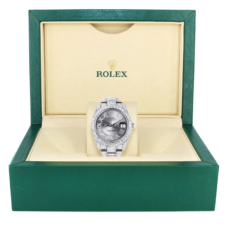 Womens Diamond Iced Out Rolex Datejust 41 | 25 Carats Of Diamonds | Custom Silver Roman Numeral Diamond Dial | Two Row | Oyster Band