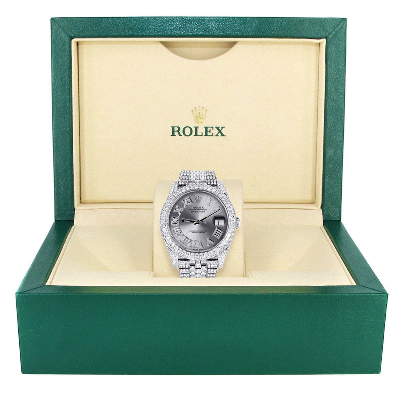 Womens Diamond Iced Out Rolex Datejust 41 | 25 Carats Of Diamonds | Custom Silver Roman Numeral Diamond Dial | Two Row | Jubilee Band