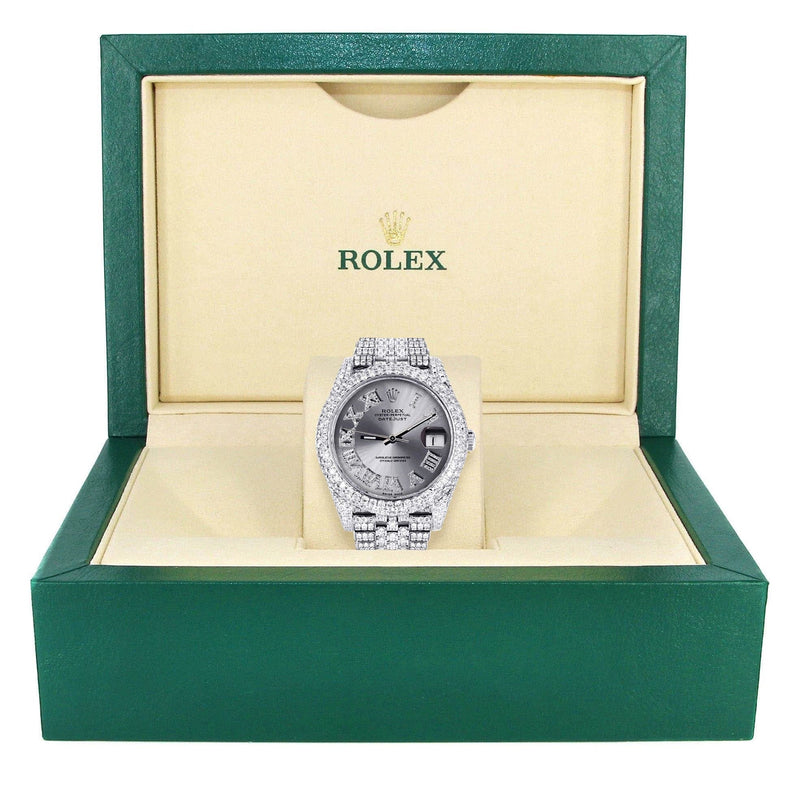 Diamond Iced Out Rolex Datejust 41 | 25 Carats Of Diamonds | Custom Silver Roman Numeral Diamond Dial | Two Row | Jubilee Band
