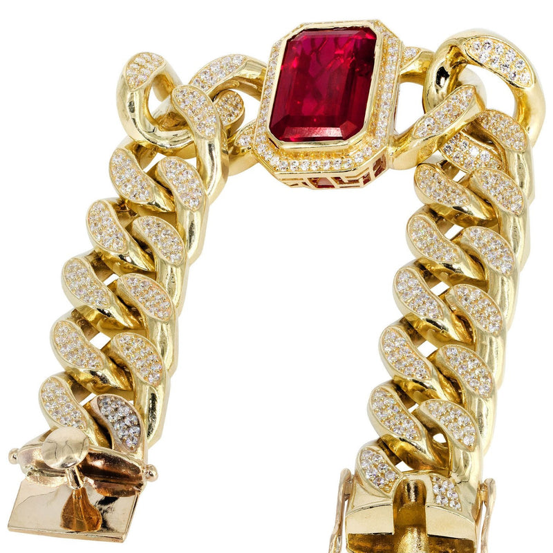 Solid Mens Ruby Miami Cuban Link Bracelet 10K Yellow Gold