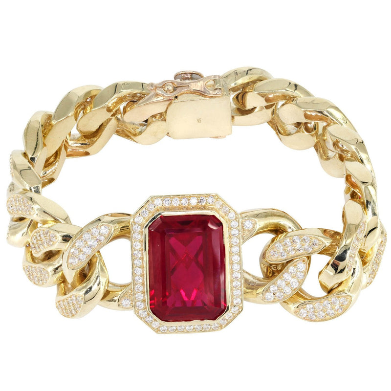 Solid Mens Ruby Miami Cuban Link Bracelet 10K Yellow Gold
