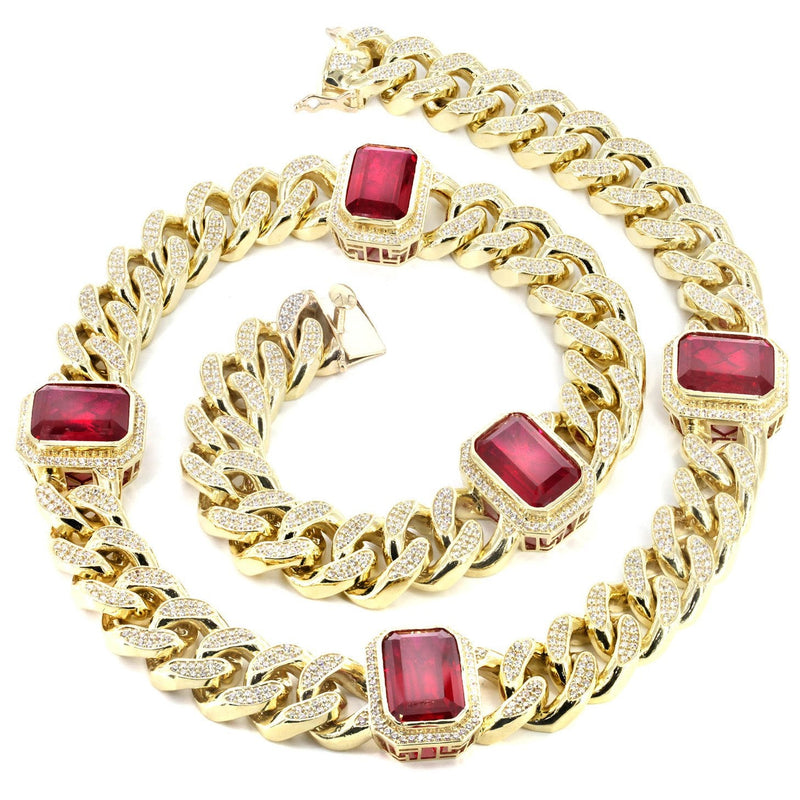 Solid Mens Ruby & Cz Miami Cuban Link Chain 10K Yellow Gold