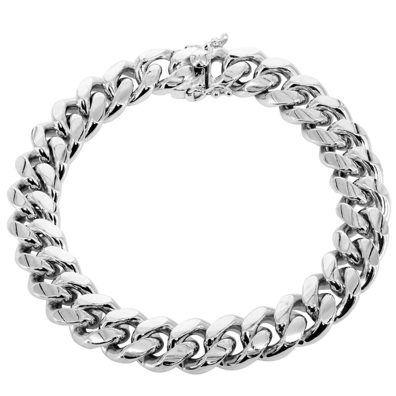 Solid Mens Miami Cuban Link Bracelet 10K/14K White Gold