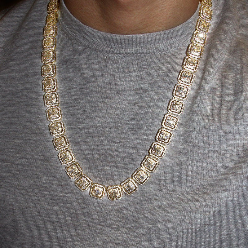 Gold Plated Iced Out Square Cluster Tennis Chain