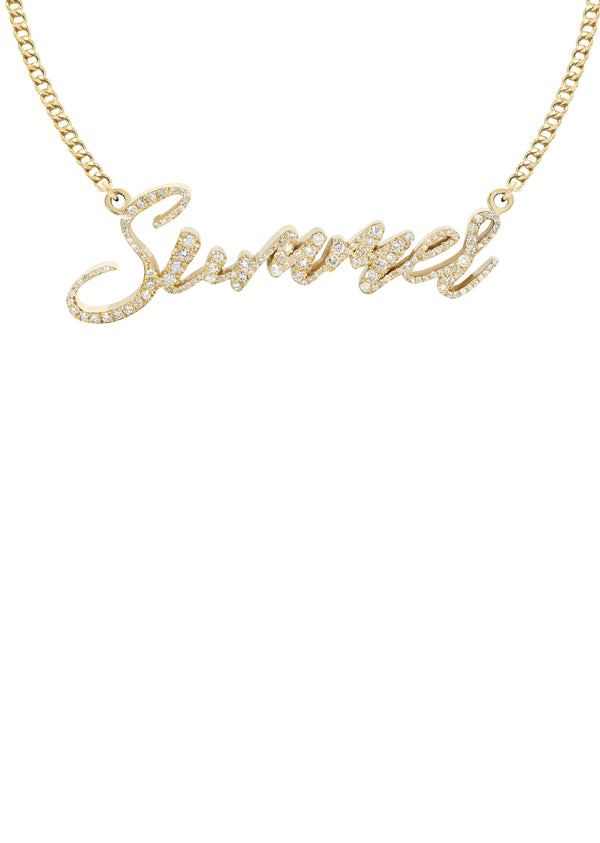 14K Yellow Gold  Full Diamond Name Plate Necklace | Style #113