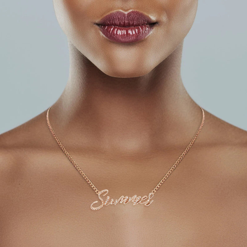 14K Rose Gold  Full Diamond Name Plate Necklace | Style #112