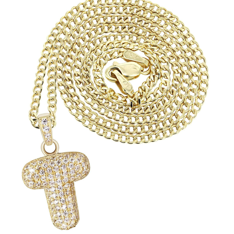 10K Yellow Gold Bubble Letter "T" CZ Necklace | Appx. 4 Grams