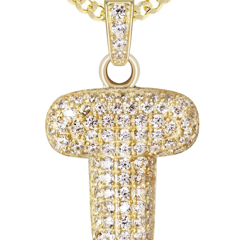 10K Yellow Gold Bubble Letter "T" CZ Necklace | Appx. 4 Grams