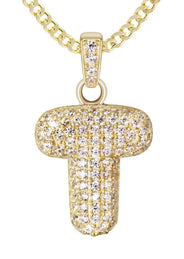 10K Yellow Gold Bubble Letter "T" CZ Necklace | Appx. 4 Grams