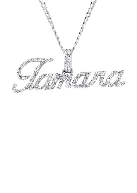 14K White Gold  Full Diamond Name Plate Necklace | Style #49