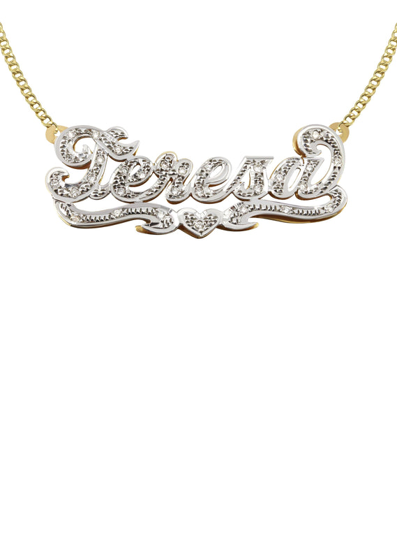 14K Gold  Diamond Cut with Diamonds Name Plate Necklace | Style #19