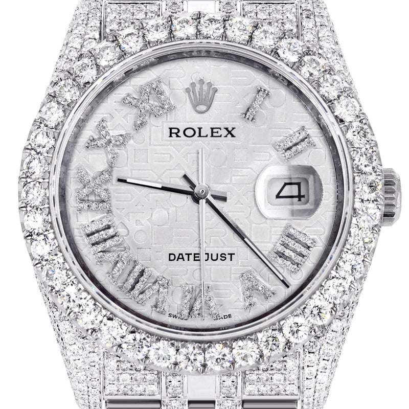 Iced Out Rolex Datejust 36 MM | Stainless Steel | 16.5 Carats of Diamonds | Silver Texture Roman Diamond Dial | Jubilee Band | Model 116200