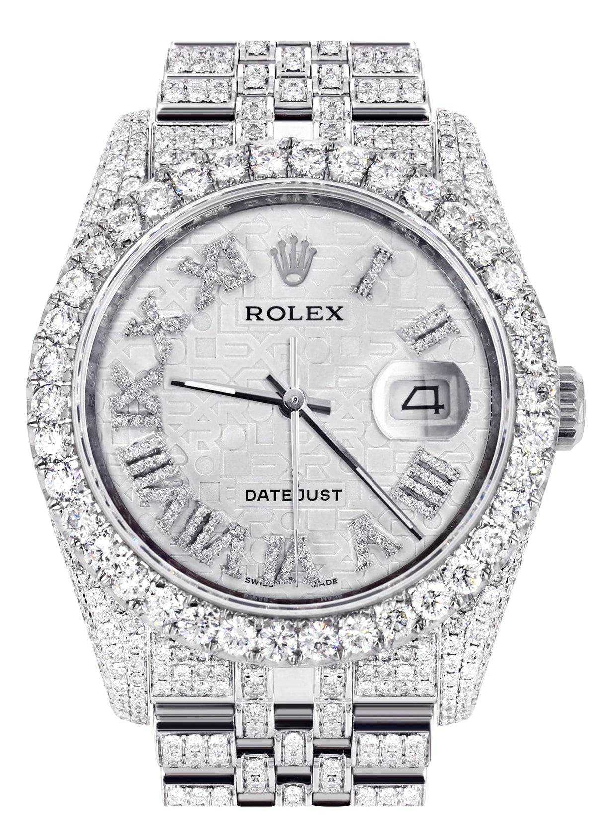 Iced Out Rolex Datejust 36 MM | Stainless Steel | 16.5 Carats of Diamonds | Silver Texture Roman Diamond Dial | Jubilee Band | Model 116200