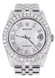 Iced Out Rolex Datejust 36 MM | Stainless Steel | 16.5 Carats of Diamonds | Silver Texture Roman Diamond Dial | Jubilee Band | Model 116200