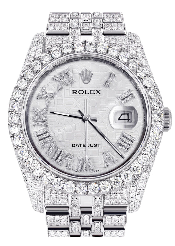 Iced Out Rolex Datejust 36 MM | Stainless Steel | 16.5 Carats of Diamonds | Silver Texture Roman Diamond Dial | Jubilee Band | Model 116200