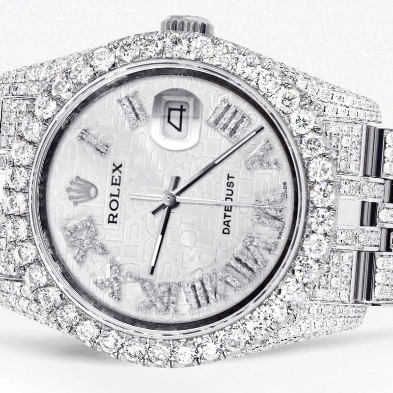Iced Out Rolex Datejust 36 MM | Stainless Steel | 16.5 Carats of Diamonds | Silver Texture Roman Diamond Dial | Jubilee Band | Model 116200