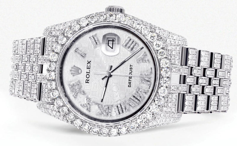 Iced Out Rolex Datejust 36 MM | Stainless Steel | 16.5 Carats of Diamonds | Silver Texture Roman Diamond Dial | Jubilee Band | Model 116200
