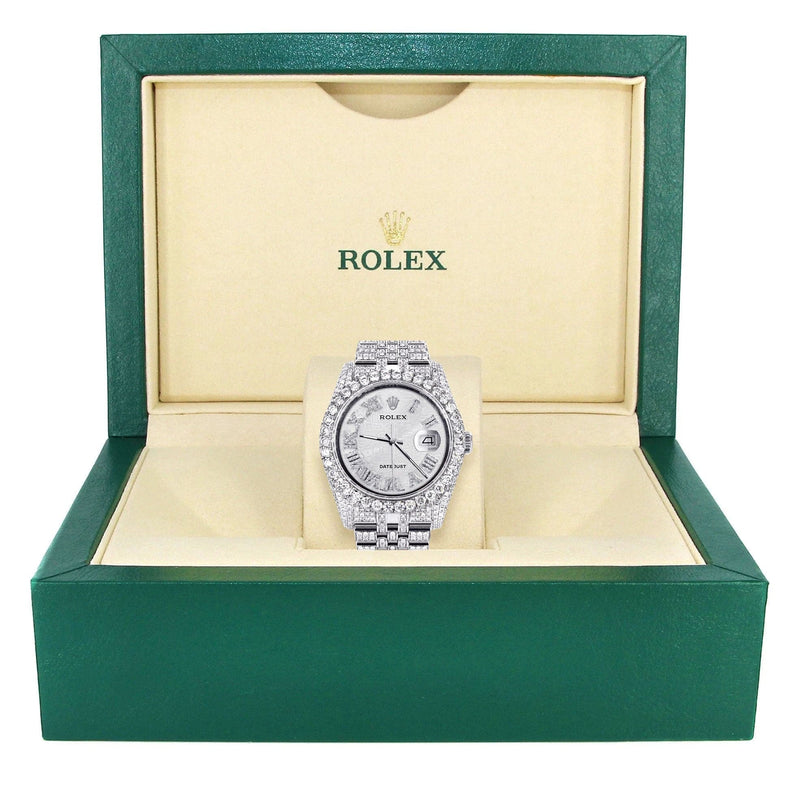 Iced Out Rolex Datejust 36 MM | Stainless Steel | 16.5 Carats of Diamonds | Silver Texture Roman Diamond Dial | Jubilee Band | Model 116200