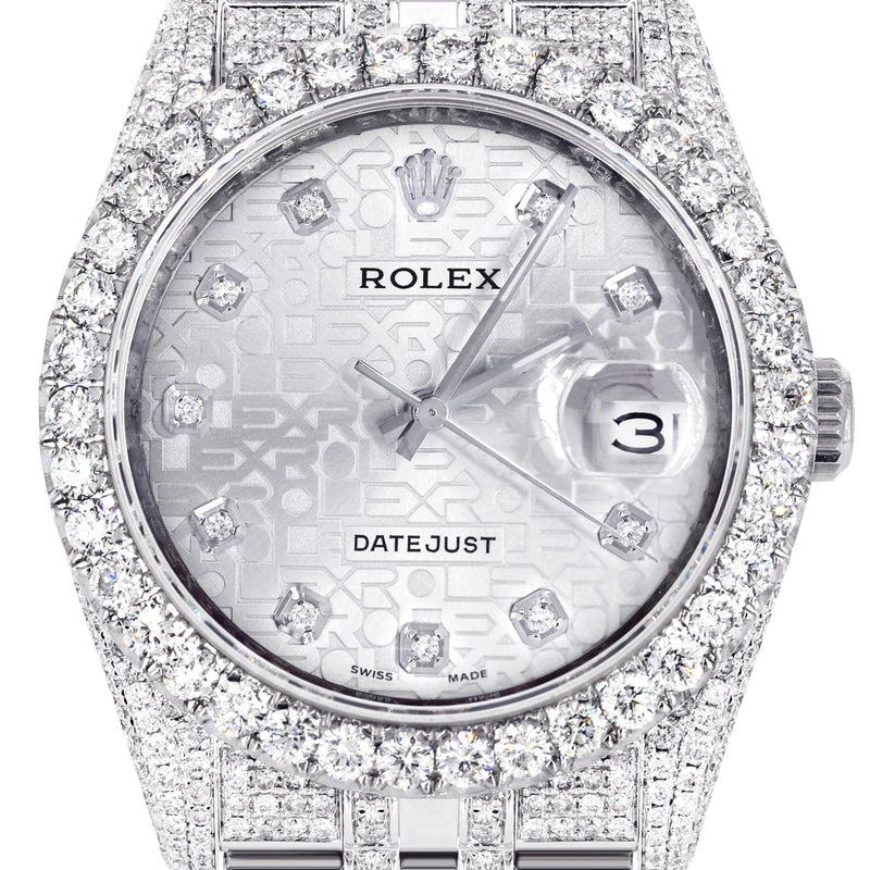 Iced Out Rolex Datejust 36 MM | Stainless Steel | 16.5 Carats of Diamonds | Silver Texture Diamond Dial | Jubilee Band | Model 116200