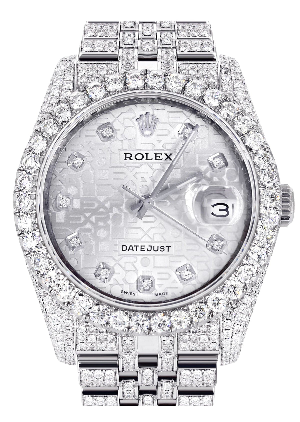 Iced Out Rolex Datejust 36 MM | Stainless Steel | 16.5 Carats of Diamonds | Silver Texture Diamond Dial | Jubilee Band | Model 116200