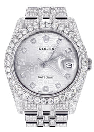 Iced Out Rolex Datejust 36 MM | Stainless Steel | 16.5 Carats of Diamonds | Silver Texture Diamond Dial | Jubilee Band | Model 116200