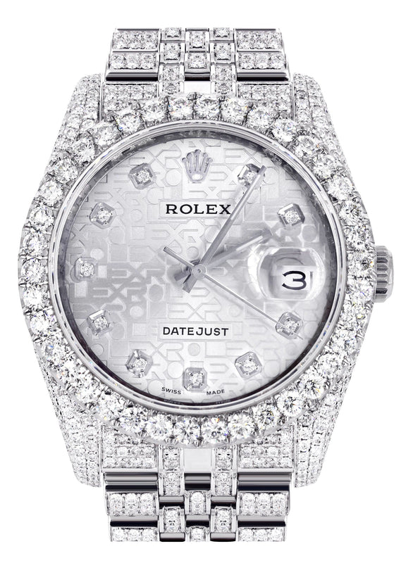 Iced Out Rolex Datejust 36 MM | Stainless Steel | 16.5 Carats of Diamonds | Silver Texture Diamond Dial | Jubilee Band | Model 116200