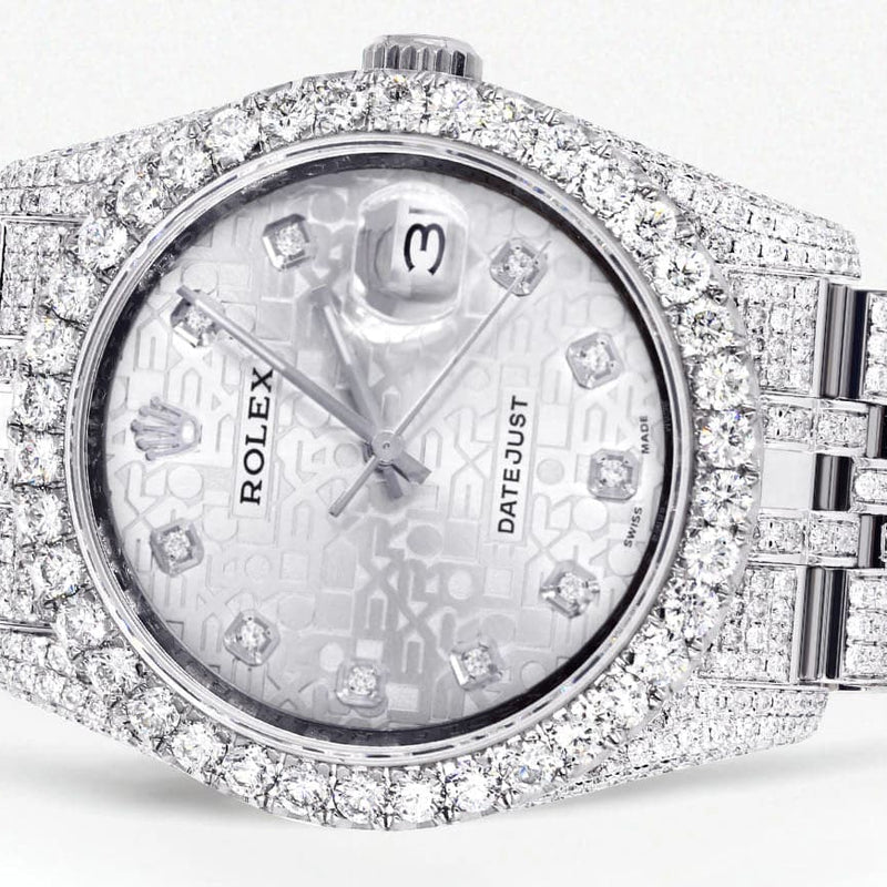 Iced Out Rolex Datejust 36 MM | Stainless Steel | 16.5 Carats of Diamonds | Silver Texture Diamond Dial | Jubilee Band | Model 116200