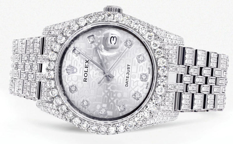 Iced Out Rolex Datejust 36 MM | Stainless Steel | 16.5 Carats of Diamonds | Silver Texture Diamond Dial | Jubilee Band | Model 116200