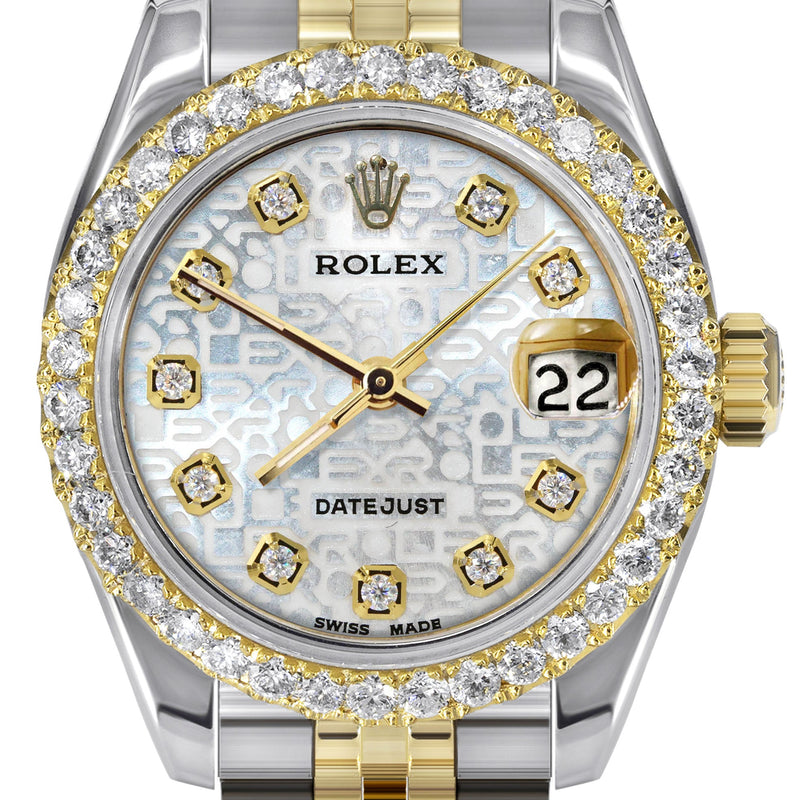 Womens Diamond Gold Hidden Clasp Rolex Watch | 1 Carat Bezel | 26Mm | Texture Dial | Jubilee Band | Model 179173