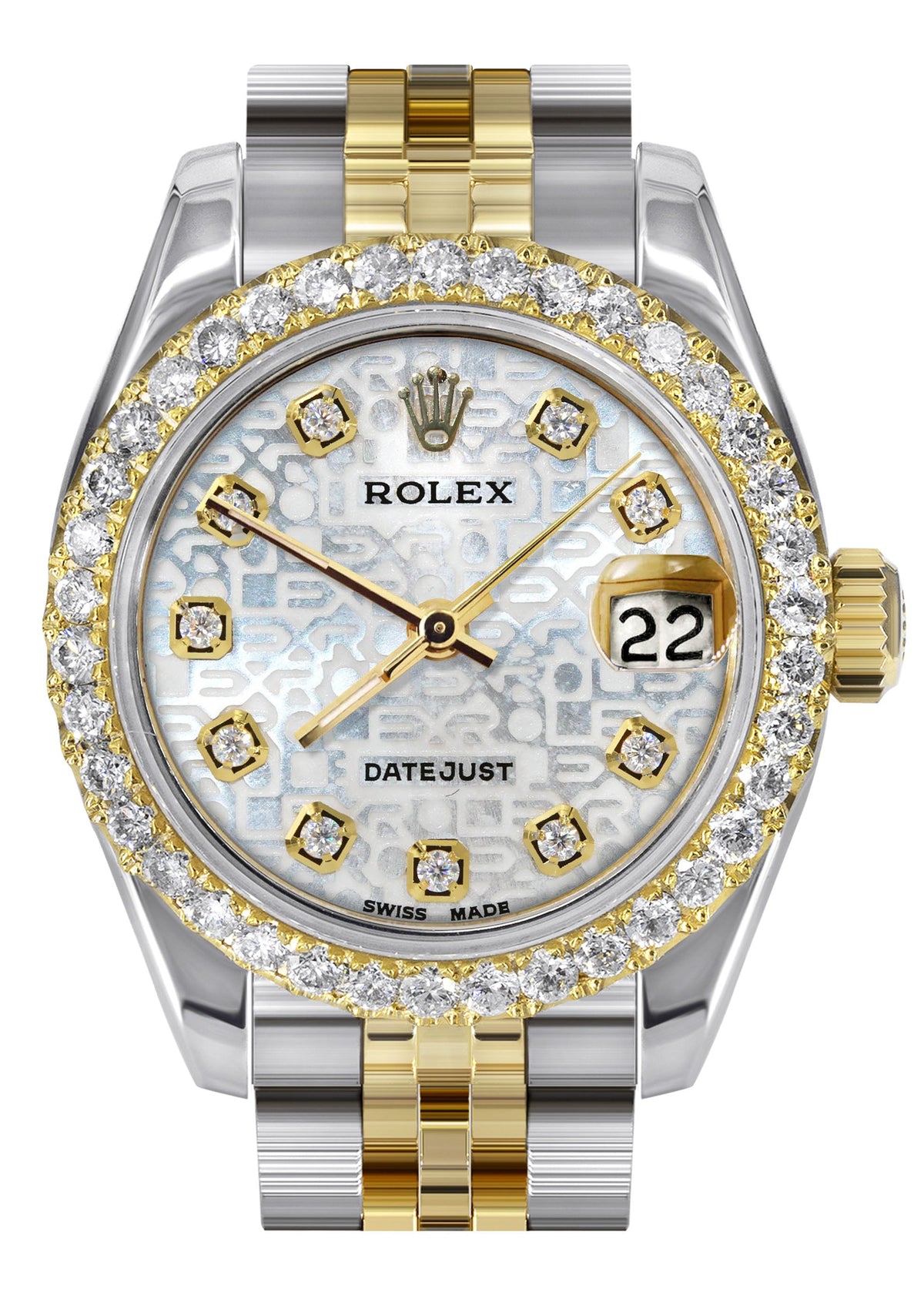 Womens Diamond Gold Hidden Clasp Rolex Watch | 1 Carat Bezel | 26Mm | Texture Dial | Jubilee Band | Model 179173
