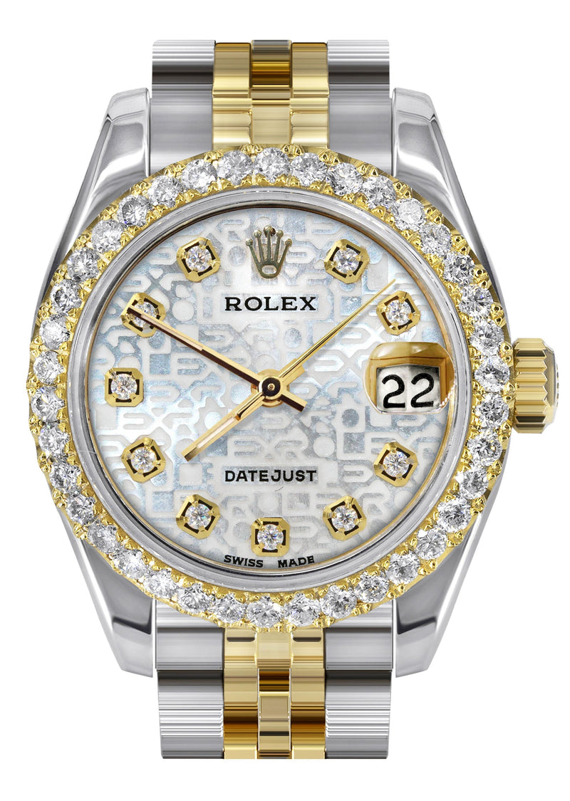 Womens Diamond Gold Hidden Clasp Rolex Watch | 1 Carat Bezel | 26Mm | Texture Dial | Jubilee Band | Model 179173