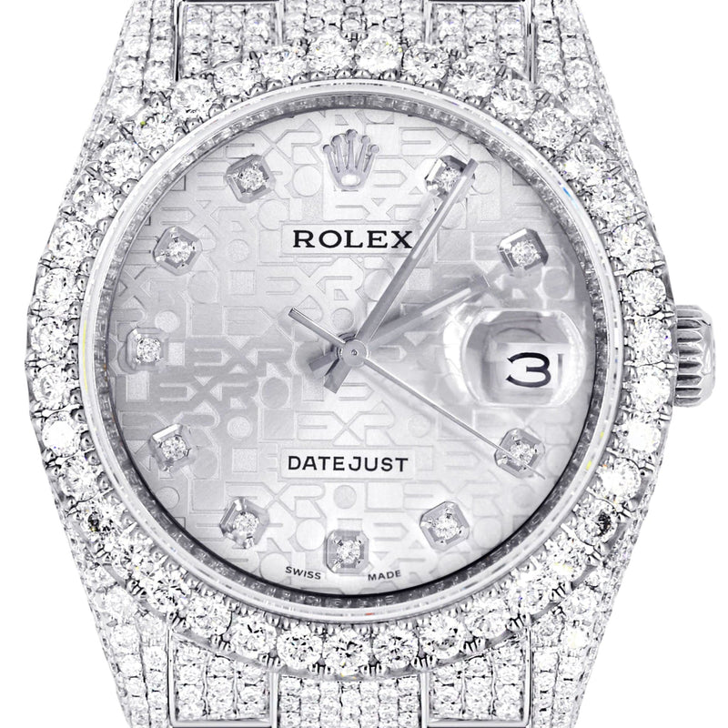 Iced Out Rolex Datejust 36 MM | Stainless Steel | 16.5 Carats of Diamonds | Silver Texture Diamond Dial | Oyster Band | Model 116200