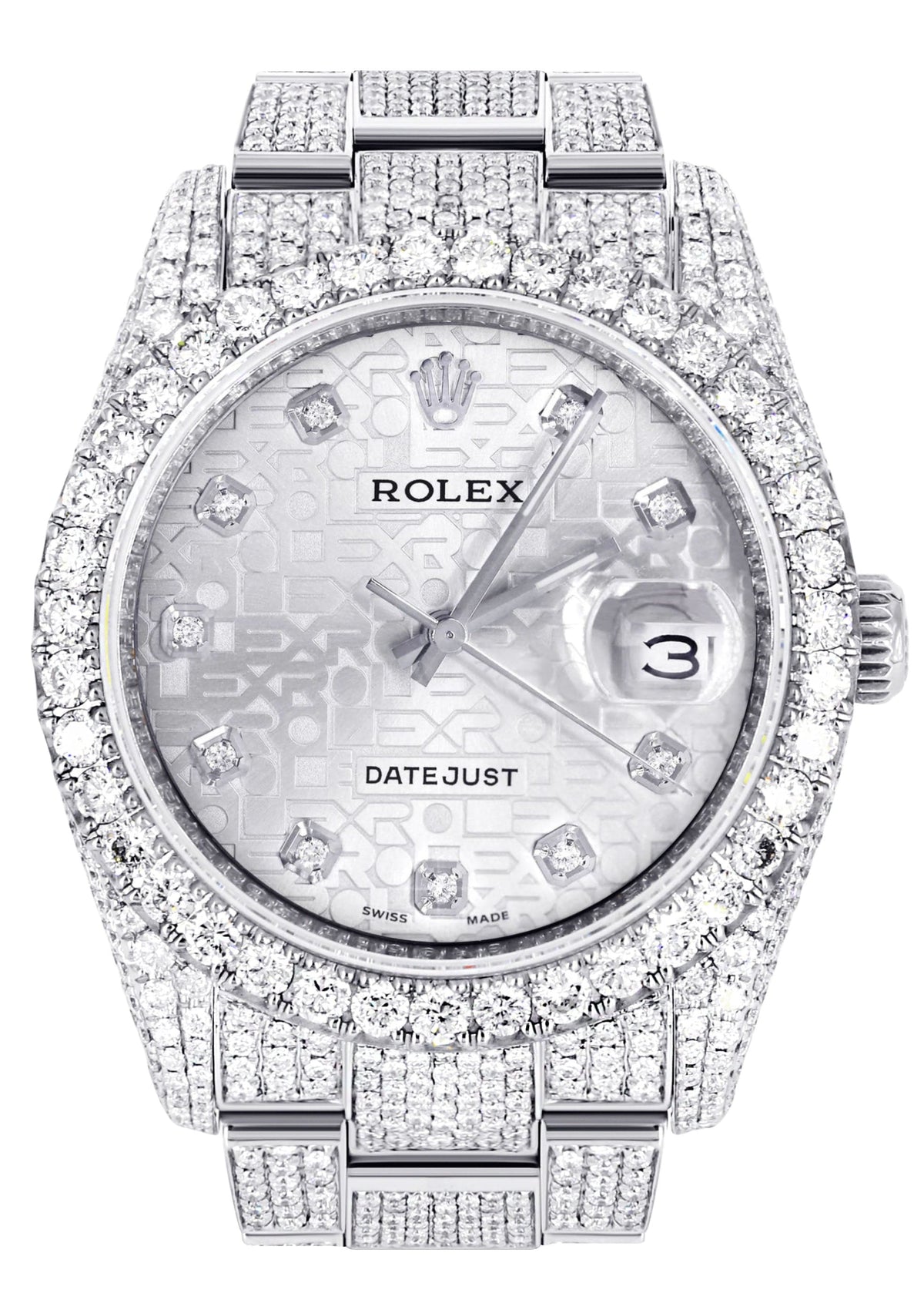 Iced Out Rolex Datejust 36 MM | Stainless Steel | 16.5 Carats of Diamonds | Silver Texture Diamond Dial | Oyster Band | Model 116200