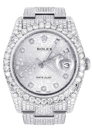 Iced Out Rolex Datejust 36 MM | Stainless Steel | 16.5 Carats of Diamonds | Silver Texture Diamond Dial | Oyster Band | Model 116200