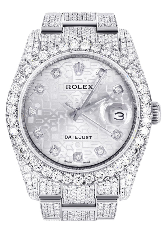 Iced Out Rolex Datejust 36 MM | Stainless Steel | 16.5 Carats of Diamonds | Silver Texture Diamond Dial | Oyster Band | Model 116200