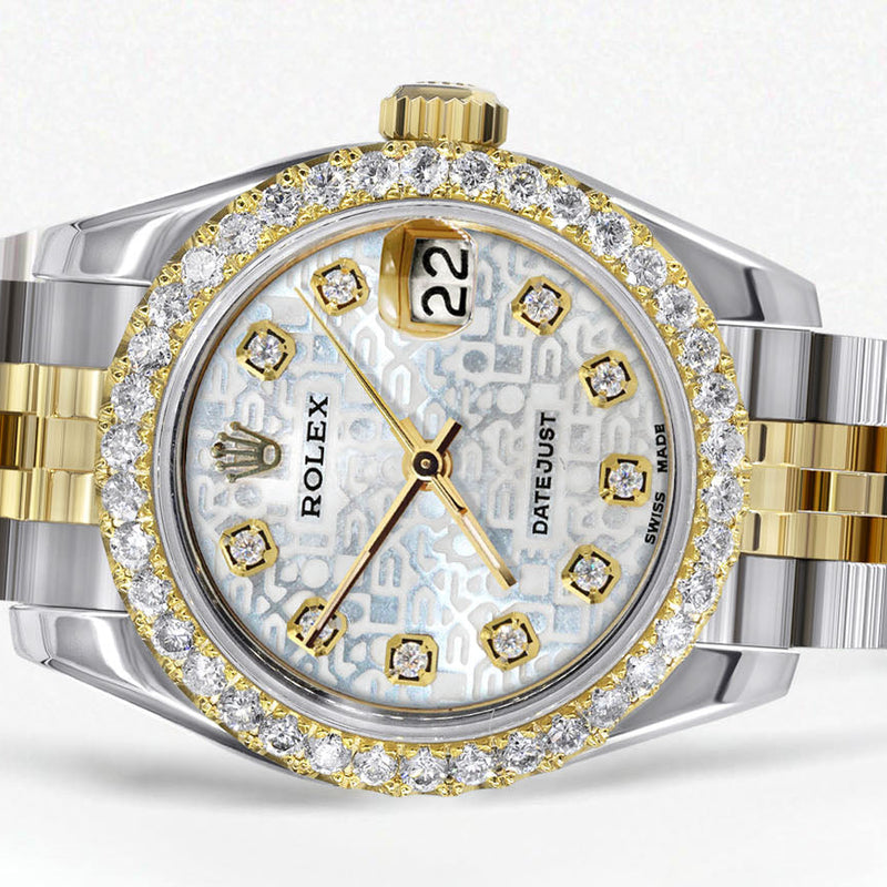 Womens Diamond Gold Hidden Clasp Rolex Watch | 1 Carat Bezel | 26Mm | Texture Dial | Jubilee Band | Model 179173