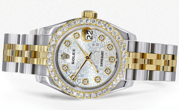 Womens Diamond Gold Hidden Clasp Rolex Watch | 1 Carat Bezel | 26Mm | Texture Dial | Jubilee Band | Model 179173