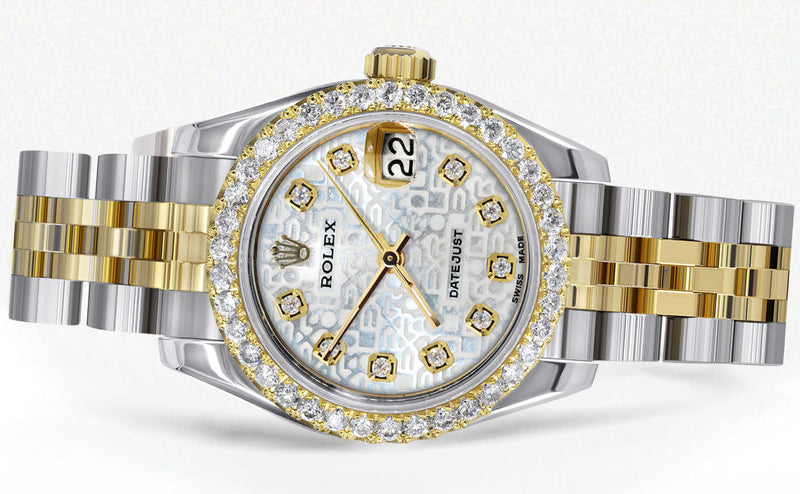 Womens Diamond Gold Hidden Clasp Rolex Watch | 1 Carat Bezel | 26Mm | Texture Dial | Jubilee Band | Model 179173