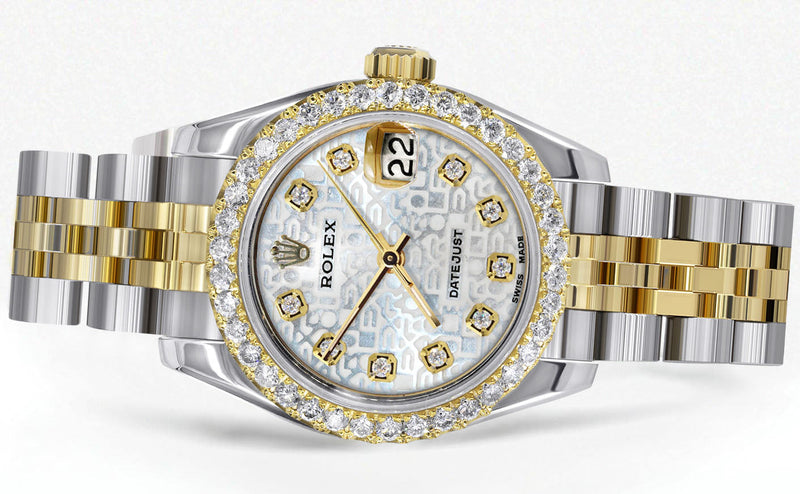 Womens Diamond Gold Hidden Clasp Rolex Watch | 1 Carat Bezel | 26Mm | Texture Dial | Jubilee Band | Model 179173