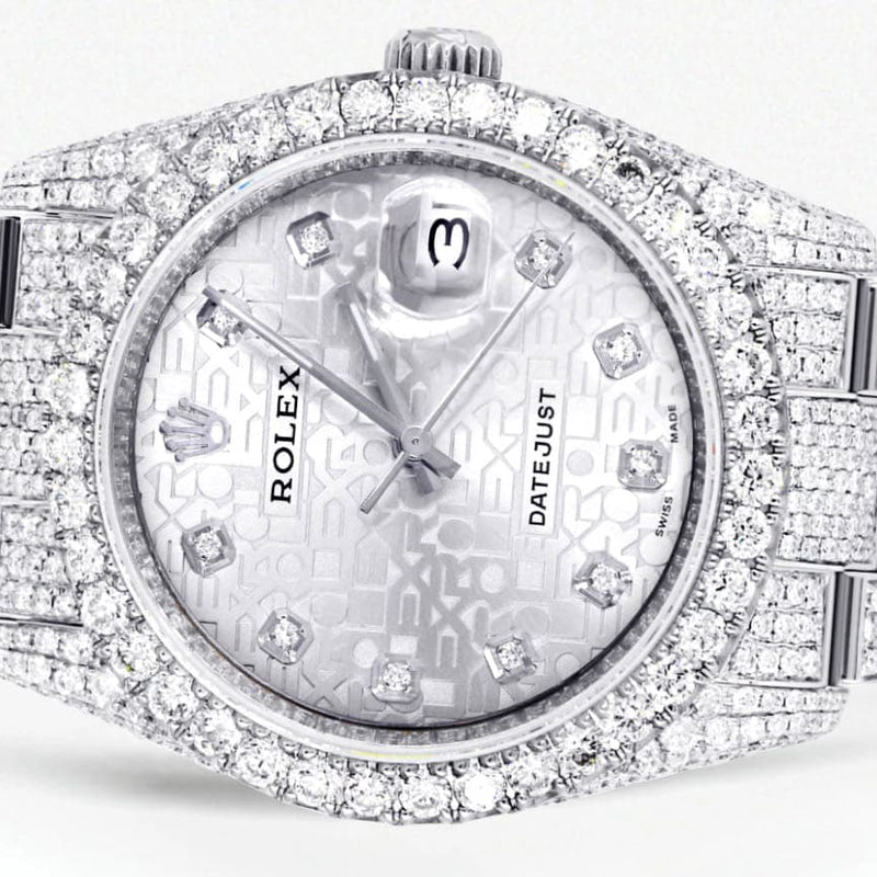 Iced Out Rolex Datejust 36 MM | Stainless Steel | 16.5 Carats of Diamonds | Silver Texture Diamond Dial | Oyster Band | Model 116200